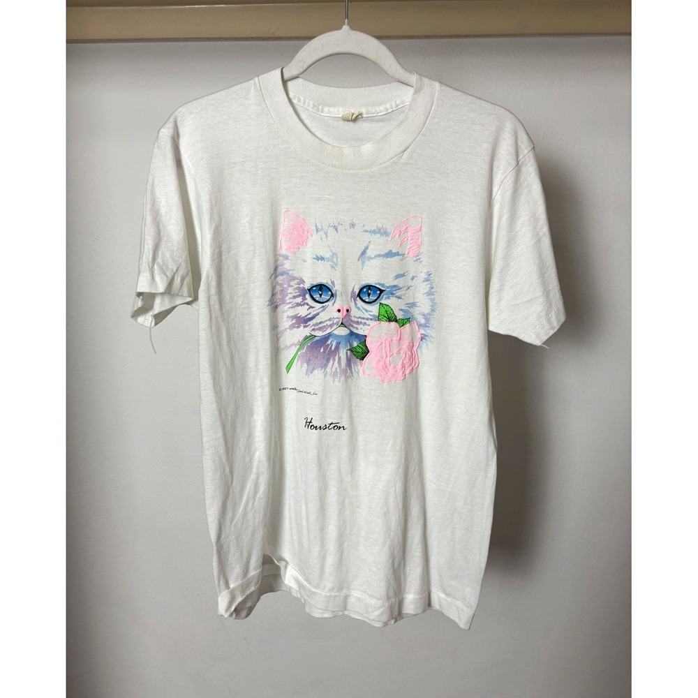 Vintage 1980s White Cat Graphic Print T-Shirt Medium Houston Cotton Retro Tee